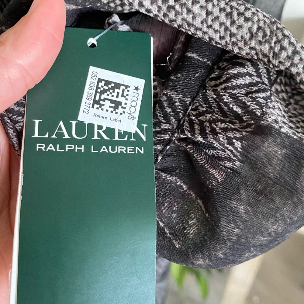 Lauren Ralph Lauren Black/Gray Lined V-Neck Faux Wrap Sheer Sleeve Dress Sz 14 - Picture 4 of 11